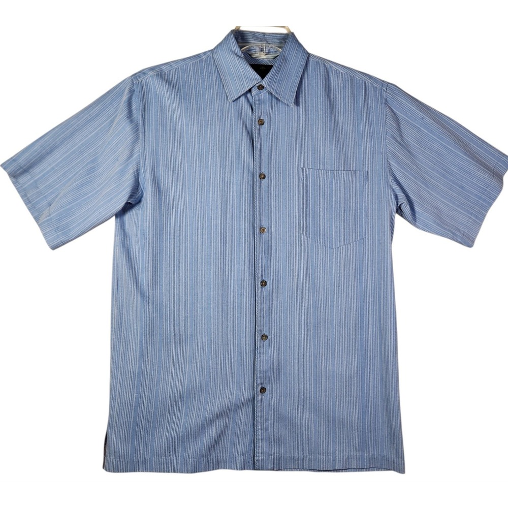 Toscano 100% Silk Mens Shirt Blue Striped Short Sleeve Button Front Size S